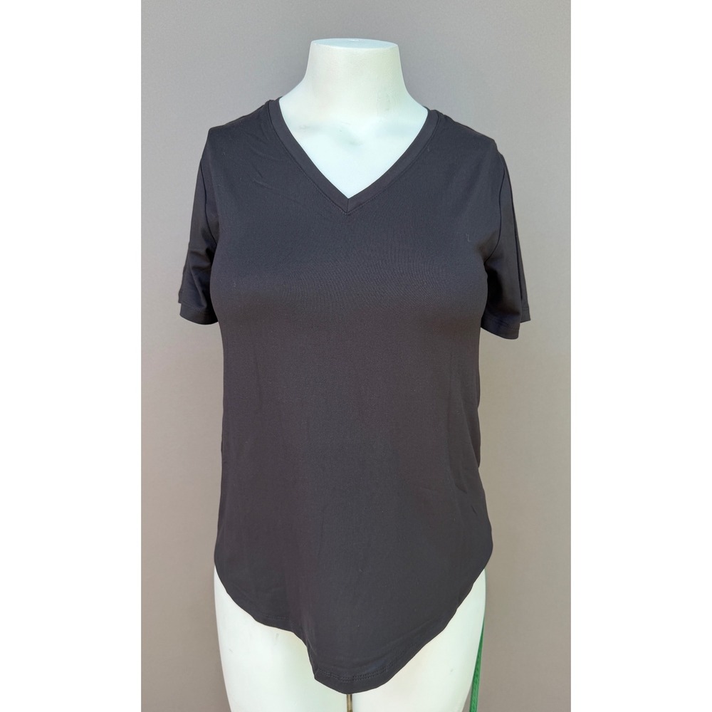 AnyBody V-Neck Short Sleeve Tee XXS Black Curved Hem Stretch Basic Top A489420